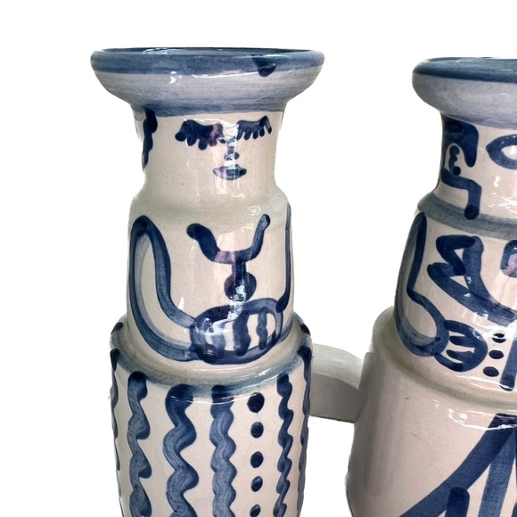 SIGNED M.A. Hadley Art Pottery Bride & Groom Candlesticks Candle Holders Blue - Picture 2 of 7